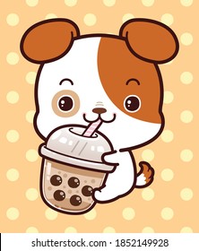 Cute Character Cartoon Little Dog Hug Bubble Milk Tea Fresh Drink, Black Pearls is Taiwanese Famous and Popular Drink. Hand drawing vector.