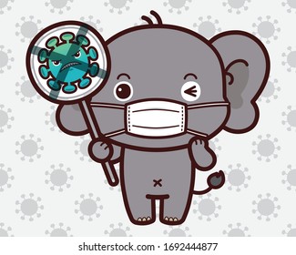 Cute Character Cartoon Little Elephant wearing a mask for protection from Coronavirus (COVID-19), Holds Up Sign Stop Corona virus, Social Distancing.