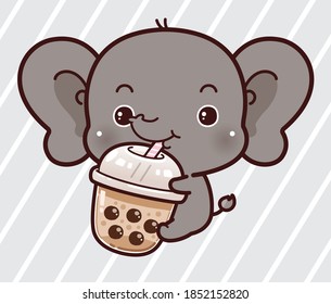 Cute Character Cartoon Little Elephant Hug Bubble Milk Tea Fresh Drink, Black Pearls is Taiwanese Famous and Popular Drink. Hand drawing vector.