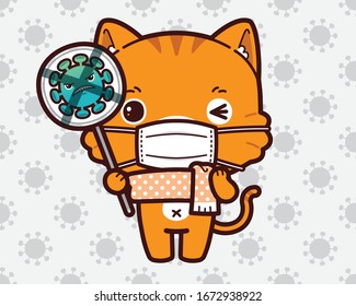 Cute Character Cartoon Little Kitten wearing a mask for protection from Coronavirus (COVID-19), Holds Up Sign Stop Corona virus.