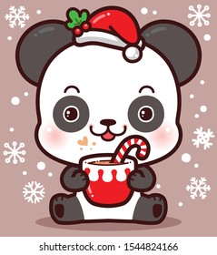 Cute Character Cartoon Little Panda in a red Santa hat and with a cup of hot chocolate or hot cocoa, Red mug with coffee, Christmas and New Year card.