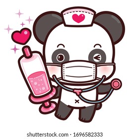 Cute Character Cartoon Little Panda mit einer Schutzmaske gegen Coronavirus (COVID-19), Cartoon Doctor mit Stethoskop und einer Hypodermie-Spritze.