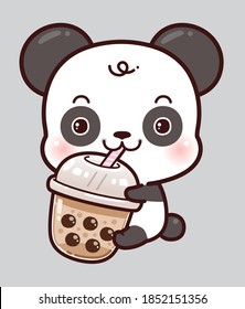 Cute Character Cartoon Little Panda Hug Bubble Milk Tea Fresh Drink, Black Pearls is Taiwanese Famous and Popular Drink. Hand drawing vector.