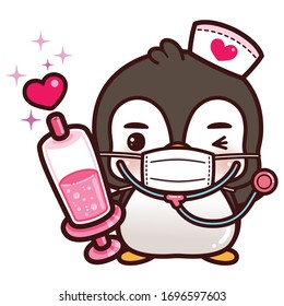 Cute Character Cartoon Little Penguin wearing a mask for protection from Coronavirus (COVID-19), Cartoon Doctor using stethoscope and Holding Hypodermic Syringe.