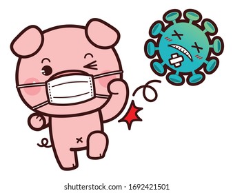 Cute Character Cartoon Little Pig wearing a mask for protection from Coronavirus (COVID-19), Fight virus concept, Punching a virus.