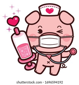 Cute Character Cartoon Little Pig wearing a mask for protection from Coronavirus (COVID-19), Cartoon Doctor using stethoscope and Holding Hypodermic Syringe.