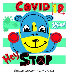 Cute Charakter Cartoon Little Rhino aus wiederverwendbarem Mund Bär lustig mit lustig. Stopp Coronavirus (covid-19), Vektorgrafik. Lasst uns das Piktogramm des Koronavirus bekämpfen. Konzept für epidemische Infektionskrankheiten.