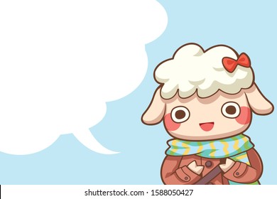 Cute character cartoon little sheep with white speech bubble space and blue background, vector illustrations, for wallpaper template and greeting card.