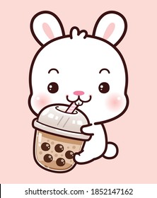 Cute Character Cartoon Little White Rabbit Hug Bubble Milk Tea Fresh Drink, Black Pearls is Taiwanese Famous and Popular Drink. Hand drawing vector.