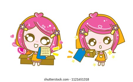 Cute Character Cartoon Lovely Girls on White Background, Seller, Vendor, Packing, Post, Checking, Vector Illustration.