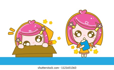 Cute Character Cartoon Lovely Girls on White Background, Seller, Vendor, Packing, Take Order, Vector Illustration.