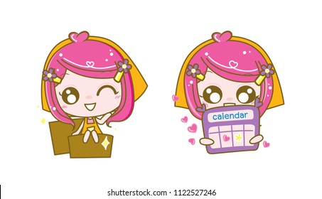 Cute Character Cartoon Lovely Girls on White Background, Seller, Vendor, Packing, Calendar, Vector Illustration.