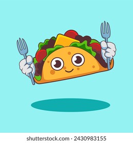 cute character cartoon mascot logo illustration of taco isolated on background with holding a fork