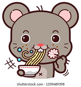 Cute character cartoon Mouse Mousy, eating ramen noodles. 