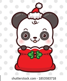 Cute Character Cartoon Panda in Red Bag Santa Claus for Christmas.