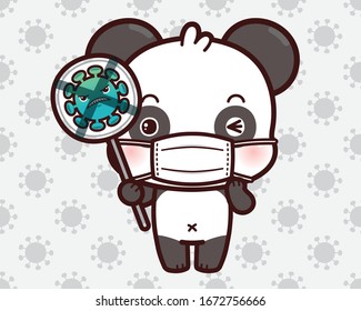 Cute Character Cartoon Panda wearing a mask for protection from Coronavirus (COVID-19), Holds Up Sign Stop Corona virus.