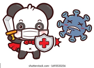 Cute Character Cartoon Panda wearing a mask for protection from Coronavirus (COVID-19) ready to fight virus. Hero battle versus coronavirus (Covid-19) symptoms, viral infection, flat illustration concept.