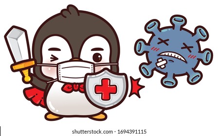 Cute Character Cartoon Penguin wearing a mask for protection from Coronavirus (COVID-19) ready to fight virus. Hero battle versus coronavirus (Covid-19) symptoms, viral infection, flat illustration concept.