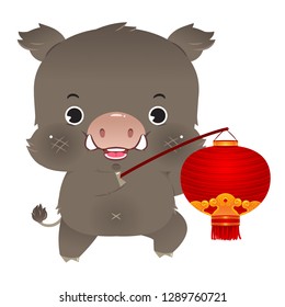 Cute Character Cartoon Pig, Chinese new year 2019, Little boar character design with Festive traditional Chinese red lantern.