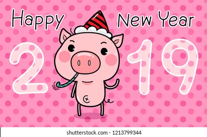 Cute Character Cartoon Pig wearing a party hat sitting with party blower, Happy New Year 2019, Collection Piggy Party New Year.