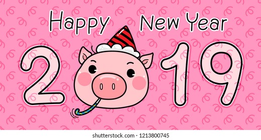 Cute Character Cartoon Pig wearing a party hat sitting with party blower, Happy New Year 2019, Collection Piggy Party New Year.