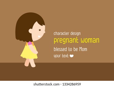 Cute Character Cartoon Pregnant Woman is Happy on Brown Background, Walking, doing exercises, Vector Illustration.