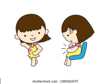 Cute Character Cartoon Pregnant Woman  is Dancing, doing exercises, Vector Illustration