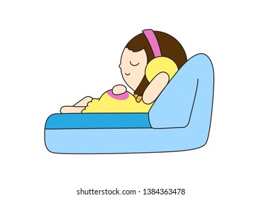 Cute Character Cartoon Pregnant Woman  is Listening to music, Vector Illustration