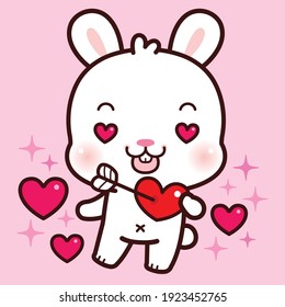 Cute Character Cartoon Rabbit in love with hearts in eyes in and heart with arrow. I love you.