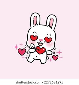 Cute Character Cartoon Rabbit in love with hearts in eyes in and heart with arrow, I love you, Valentine's Day illustration. isolated on white.