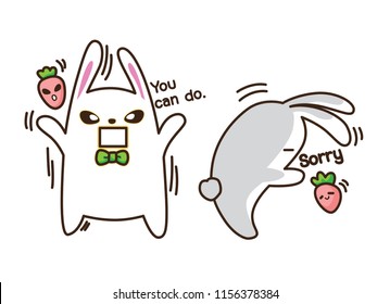 Cute Character Cartoon Rabbit on white background, Feel sorry and you can do it, vector illustration