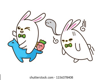 Cute Character Cartoon Rabbit on White Background, Cute Animal, Tired, Excited, Vector Illustration.