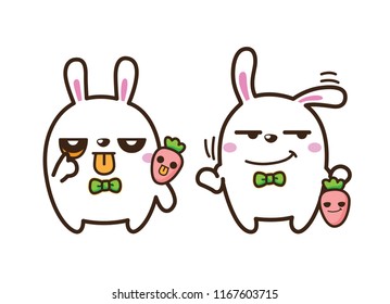 Cute Character Cartoon Rabbits on White Background, Kigging, Good, Cute Animal, Vector Illustration.