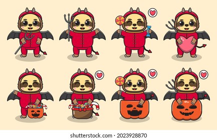 Cute Character Cartoon of Sloth with Devil costume halloween set. Good for icon, label, sticker, clipart. Vector illustration.