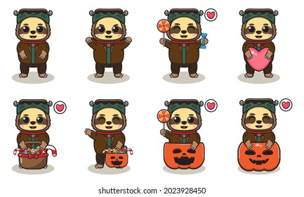 Cute Character Cartoon of Sloth with Monster costume halloween set. Good for icon, label, sticker, clipart. Vector illustration.