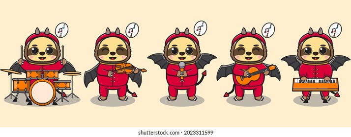 Cute Character Cartoon of Sloth play a musical instrument. Sloth with Devil costume halloween set. Good for icon, label, sticker, clipart. Vector illustration.