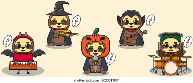 Cute Character Cartoon of Sloth play a musical instrument. Sloth Halloween set. Dracula, Devil, Frankenstein and Wizard costume. Good for icon, label, sticker, clipart. Vector illustration.