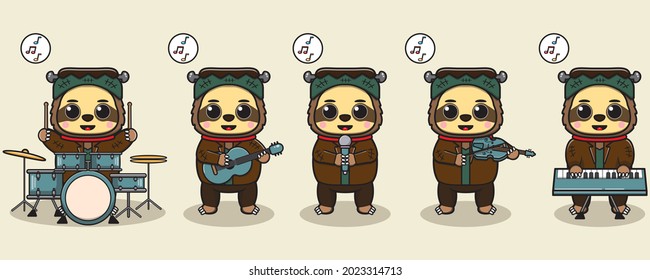 Cute Character Cartoon of Sloth play a musical instrument. Sloth with Monster costume halloween set. Good for icon, label, sticker, clipart. Vector illustration.