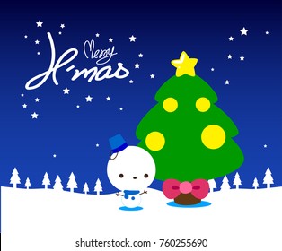 Cute Character Cartoon Snow man with  Merry X'Mas, christmas tree, Vector and illustrations