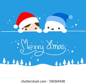 Cute Character Cartoon Snow man and Santa Claus, Merry X'Mas, Christmas Tree, Vector Illustrations