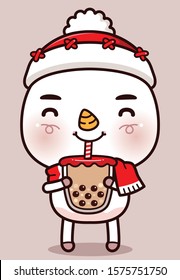 Cute Character Cartoon Snowman drink Bubble Milk Tea