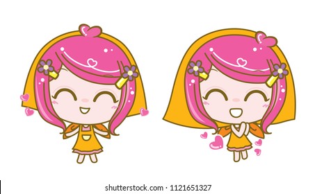 Cute Character Cartoon Welcome Woman with Happy Girl, Vector illustration.