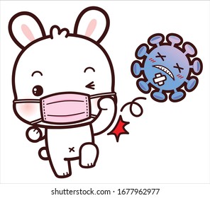 Cute Character Cartoon White Rabbit wearing a mask for protection from Coronavirus (COVID-19), Fight virus concept, Punching a virus.