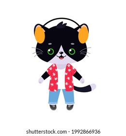 Carácter lindo del gato chico en casual. Caricatura de estilo plano. Ilustración del vector