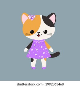 Cute character of cat girl in dress. Cartoon flat style. Vector illustration