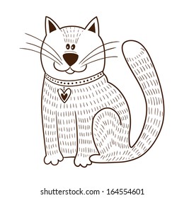 Cute character. Cat with heart on collar. Sketch vector element for romantic design