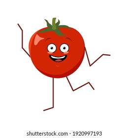 Cute character cheerful tomato with emotions dancing isolated on white background. The funny or sad hero, red fruit and vegetable. Vector flat illustration
