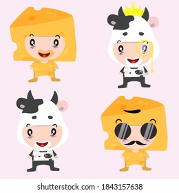 Cute character cheese and cow s milk, vector eps 10