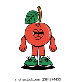 Cute character Cherries in groovy cartoon style. Trendy and modern illustration with funky comic mascot. Red, green colors of fruit. 70s, 80s retro vibes. Vector illustration