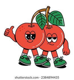 Cute character Cherries in groovy cartoon style. Trendy and modern illustration with funky comic mascot. Red, green colors of fruit. 70s, 80s retro vibes. Vector illustration